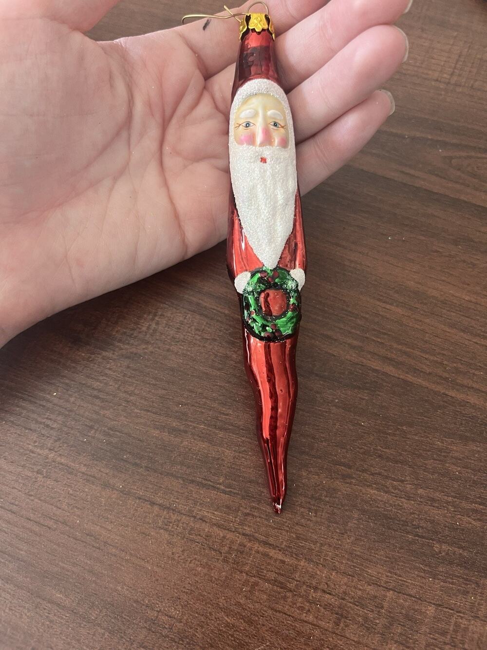 Vintage Glass Santa Claus Icicle Ornament Red Holding Wreath Hand Crafted